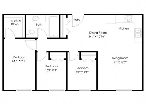 Floor plan for 3 beds, 2 baths, 1127 sqft